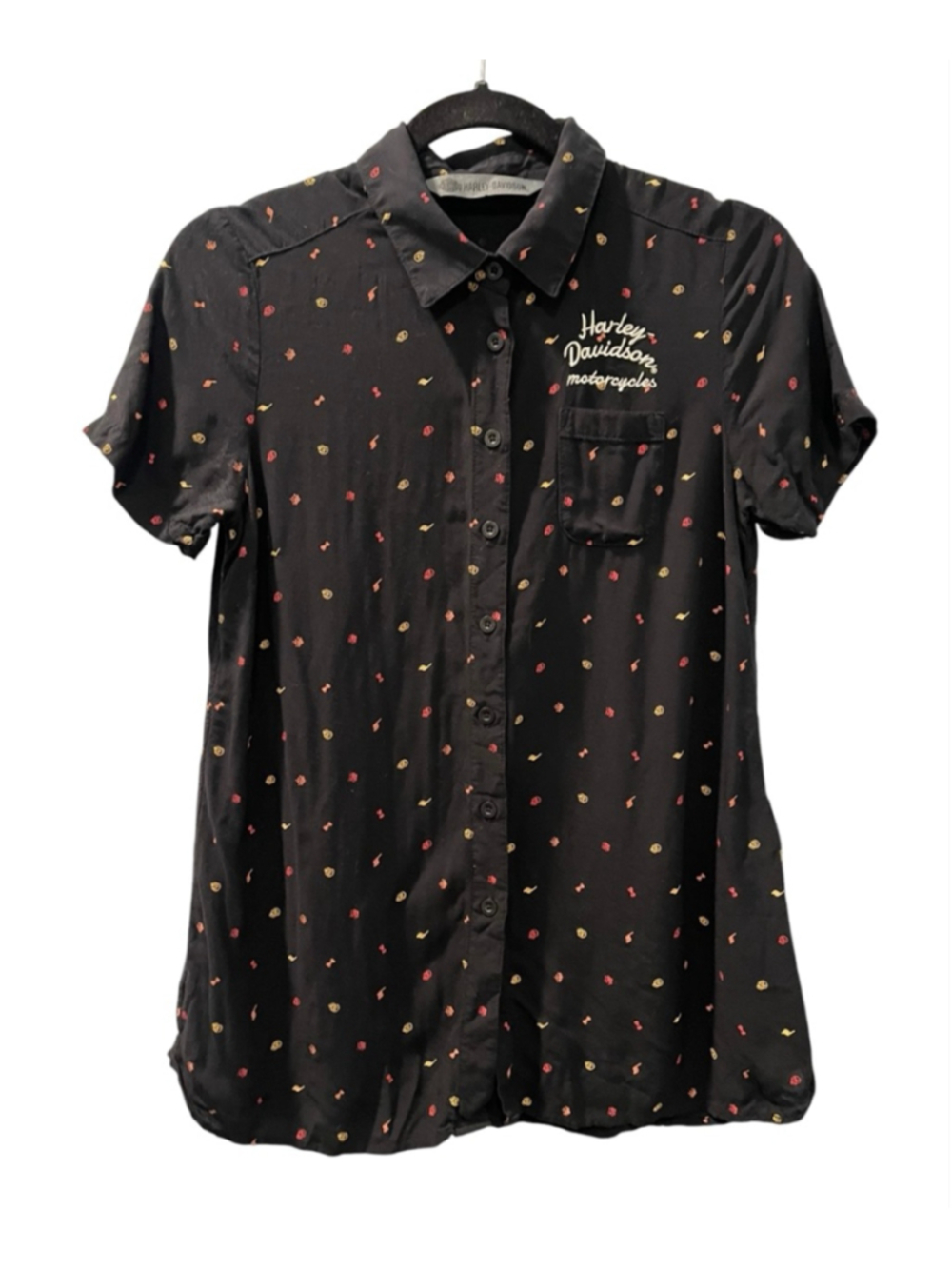 Harley Davidson Allover Mini Icon Print Button Up Shirt Size Small Challis Biker
